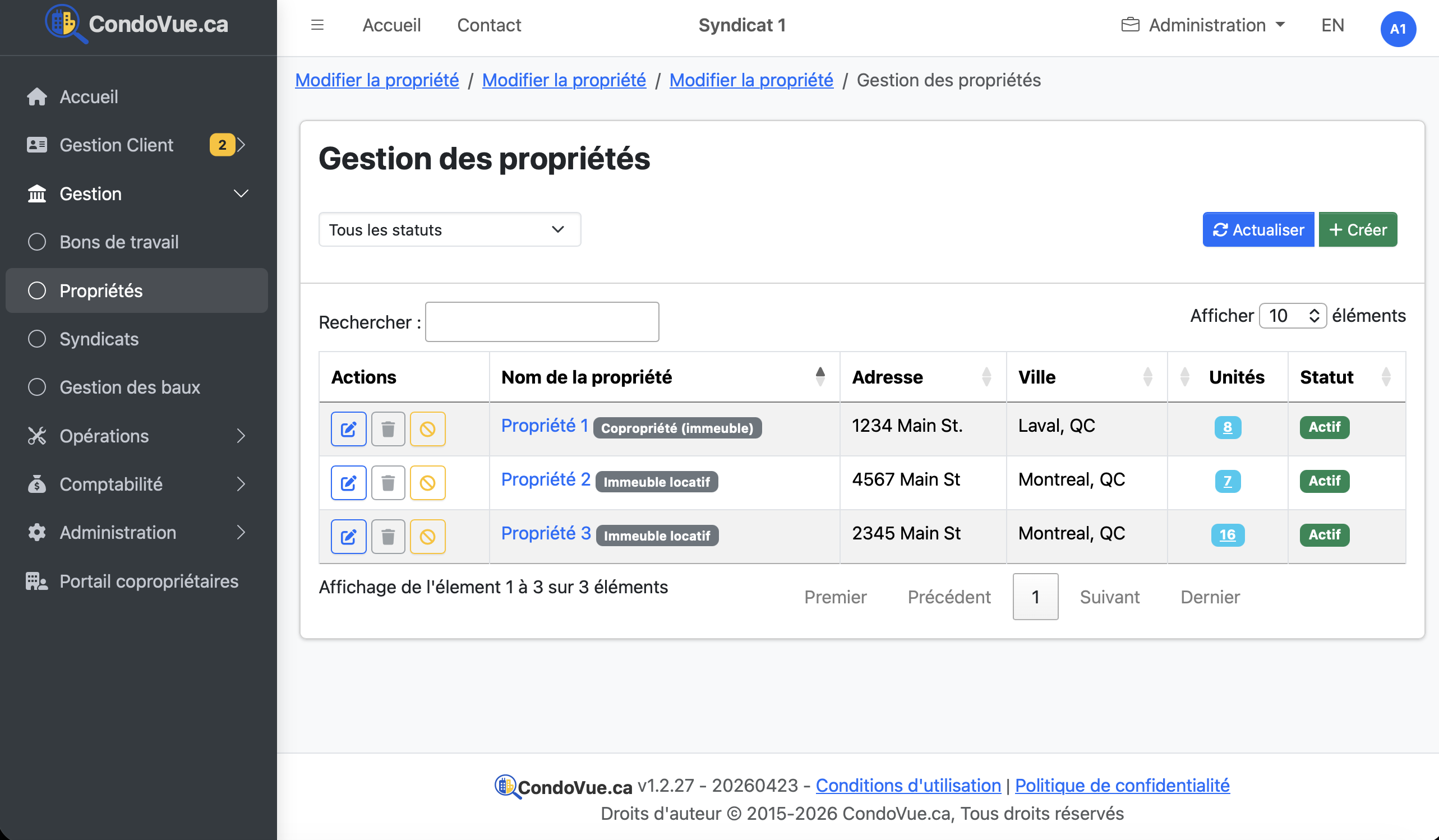 Gestion des propriétés